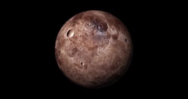 Kurgusal Gezegen Güneşi yıldızlarla birlikte karanlık arka planda doğar. Uzaydan Ceres gezegeninin ön görüntüsü. Ceres 4k çözünürlüğünün tam 3d görünümü.
