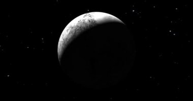 fictional Planet sun rise in dark background with stars. front view of Haumea planet from space. full 3d view of Haumea 4k resolution.