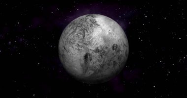 fictional Planet sun rise in dark background with stars. front view of Haumea planet from space. full 3d view of Haumea 4k resolution.