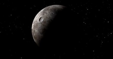 fictional Planet sun rise in dark background with stars. front view of Haumea planet from space. full 3d view of Haumea 4k resolution.