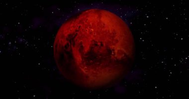 Spinning planet mars with stars background. Planet mars sun rise isolate on dark. front view of Mars planet from space. full 3d view of Mars 4k resolution