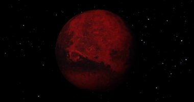 Spinning planet mars with stars background. Planet mars sun rise isolate on dark. front view of Mars planet from space. full 3d view of Mars 4k resolution