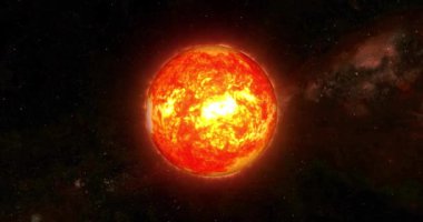 Dönen güneş kendi ekseni. Uzaydan tam güneş manzaralı 4k. Güneş yüzeyi volkanları. 3D tam güneş manzaralı.