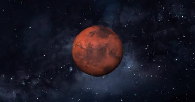 Dönen gezegen Mars. Mars 'ın Güneş Doğuşu gezegeni izole edildi. Uzaydan Mars gezegeninin ön görüntüsü. Mars 4k çözünürlüğünün tam 3d görüntüsü