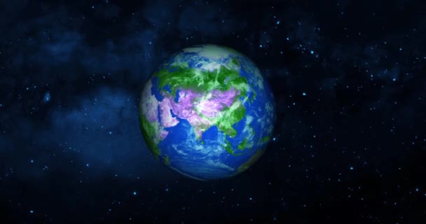 地球行星在太空与五彩斑斓的星夜 用云彩和绿地从太空看到地球全景地球4K分辨率 — 图库视频影像