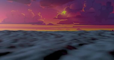 Akşamları hareketli okyanus dalgaları. Güneşin yansımasıyla denizin üzerinde gün batımı. Güneş 4 km çözünürlükte okyanus dalgalarıyla doğuyor..