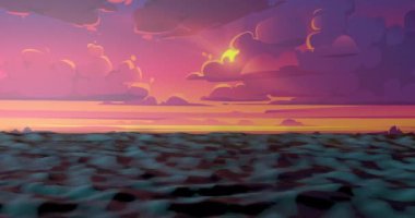 Akşamları hareketli okyanus dalgaları. Güneşin yansımasıyla denizin üzerinde gün batımı. Güneş 4 km çözünürlükte okyanus dalgalarıyla doğuyor..