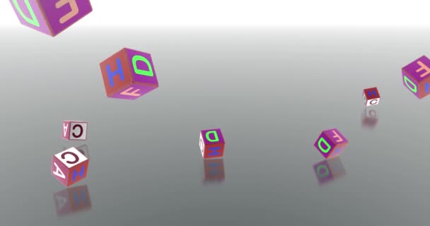 动画3D立方体用于儿童教育 在立方体上下落色彩艳丽的3D立方体 上面附有英文字母 — 图库视频影像