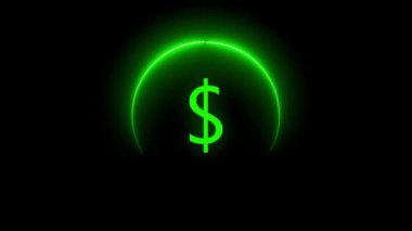 Siyah zemin üzerinde neon ışık efekti simgesi bulunan parlayan yeşil dolar işareti.