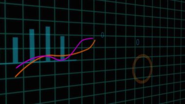Artan renkli çizgilere sahip 3B grafik, veri analizi ya da karanlık şebeke arka planında canlandırılmış finansal büyüme eğilimlerini betimliyor.