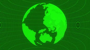 İkili kodlu karanlık bir arkaplanda dijital yeşil pikselli küre canlandırması.