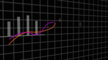 Artan renkli çizgilere sahip 3B grafik, veri analizi ya da karanlık şebeke arka planında canlandırılmış finansal büyüme eğilimlerini betimliyor.