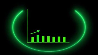 Yukarı doğru eğilim okuyla parlayan yeşil çubuk grafiği koyu arkaplanda canlandırıldı.