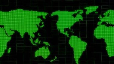 Yeşil renkli benekli dünya haritası yeşil renkli geometrik çizgi ve siyah arkaplan üzerinde.