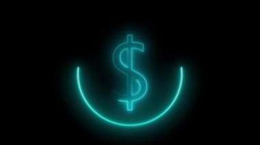 Animated glow cyan color dollar icon on black background motion graphics.