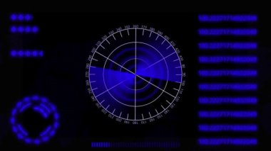 Dijital sayılara ve arayüz elemanlarına sahip fütüristik radar ekranı mavi gradyan örtülü koyu bir arkaplan üzerinde canlandırıldı.