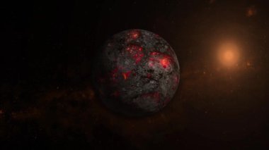 Animated volcanoes of the abstract planet surface with starry sky background. motion graphics.