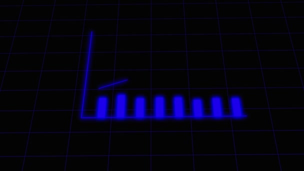 Neon Blue Digital Bar Graph Declining Trend Line Animated Dark — Stock Video