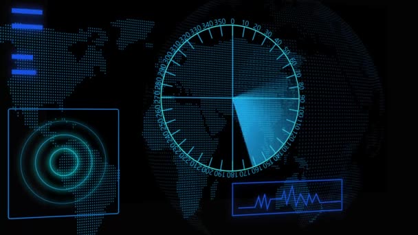 Futuristisk Radar Skärm Med Världskarta Och Digitala Gränssnittselement Animerade Mörk — Stockvideo