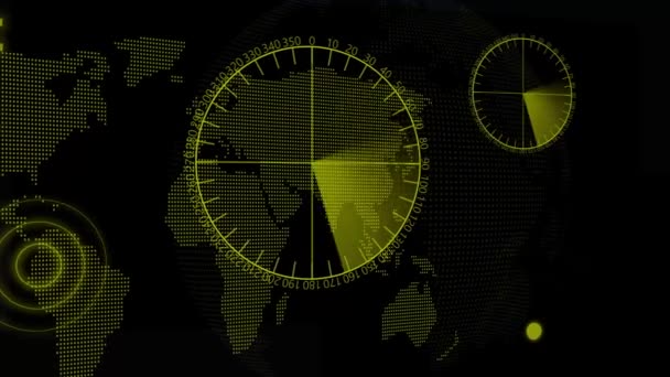 Abstrakte Radarschirme Mit Gelben Scangrafiken Animiert Auf Schwarzem Hintergrund — Stockvideo