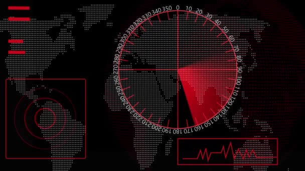 世界地図とターゲットインターフェースを備えたデジタルレーダー画面 抽象的な背景にアニメーションされた未来的な軍事監視コンセプト — ストック動画