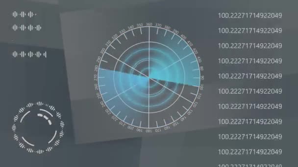 带有数字和接口元素的未来主义雷达屏幕 在蓝色梯度覆盖的黑暗背景下动画化 — 图库视频影像