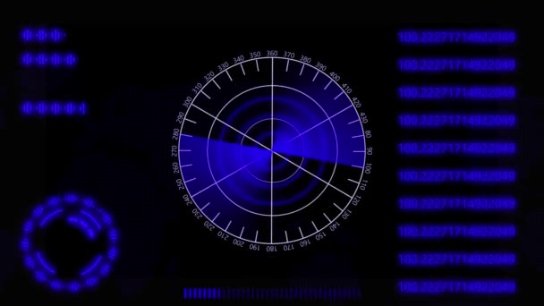 Futuristischer Radarschirm Mit Digitalen Zahlen Und Interface Elementen Animiert Auf — Stockvideo