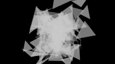 Canlandırılmış kaotik üçgen şekilleri ve bulanık bir merkezi olan soyut siyah beyaz arkaplan.