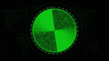 Dünya haritasında radar ekranı taranıyor Yeşil renkli dijital teknoloji radar ekranı.