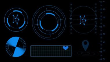 Siyah arkaplanda dairesel elementler, grafikler ve dünya haritasıyla geleceksel mavi HUD arayüzü.