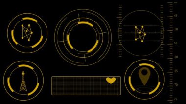 Siyah arkaplanda dairesel elementler, grafikler ve dünya haritasıyla gelecekteki sarı HUD arayüzü.