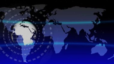 Küresel iletişim ve teknolojiyi sembolize eden ikili kodlu ve ağ bağlantılı animasyon dijital dünya haritası.