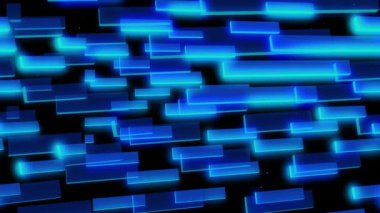 Parlayan mavi dikdörtgenlere sahip soyut dijital arkaplan koyu bir arkaplanda canlandırıldı.