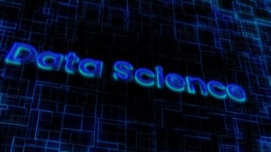 Canlandırılmış karanlık matris ızgara arkaplanı üzerinde neon mavisi ile veri biliminin dijital konsepti.