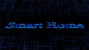 Smart Home neon yazısının animasyon dijital konsept sanatı koyu mavi devre arkaplanı üzerine.