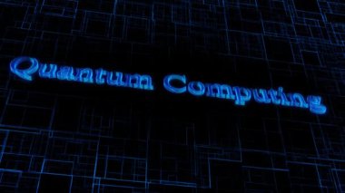 Renkli mavi metin ile kuantum hesaplama animasyon dijital konsepti devre benzeri bir ızgara arka planı üzerinde.