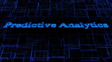 Koyu arkaplanda parlayan çizgilerin olduğu bir matris üzerine neon mavi metin ile öngörü analizinin dijital konsepti.