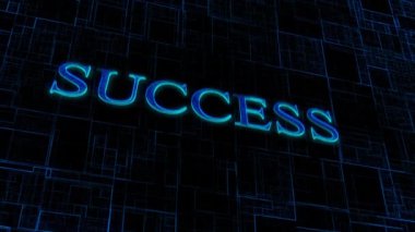 Karanlık dijital ızgara animasyon arkaplanındaki Neon SUCCESS işareti.