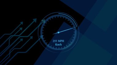 Mavi arkaplan üzerinde canlandırılmış devre kartı tasarımı ile gelecekteki hız göstergesi arayüzü.