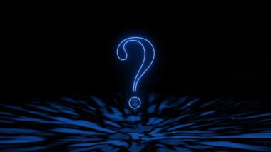 Karanlık bir arkaplanda parlayan canlı neon mavi soru işareti ve dalgalanma efektleri.