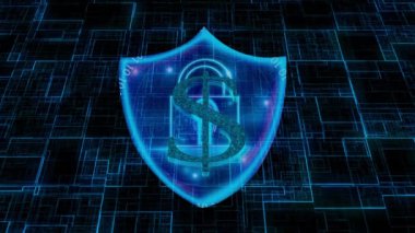 Koyu mavi şebeke arka planında parlayan bir kalkan simgesi ile dijital siber güvenlik kavramı.
