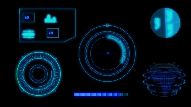 Φουτουριστικό Μπλε Hud Στοιχεία Διασύνδεσης Κινουμένων Σχεδίων Μαύρο Φόντο — Αρχείο Βίντεο