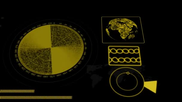 Scannen Radarschirm Mit Abstrakten Erde Planeten Finden Verschiedene Informationstechnologie Hintergrund — Stockvideo