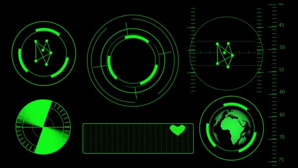 Futuristiskt Grönt Hud Gränssnitt Med Cirkulära Element Grafer Och Världskarta — Stockvideo