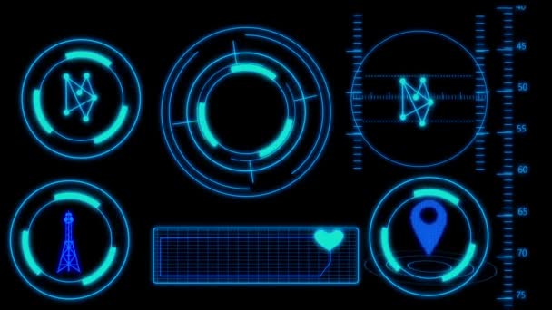 Futuristische Blaue Hud Interface Elemente Animiert Auf Schwarzem Hintergrund — Stockvideo