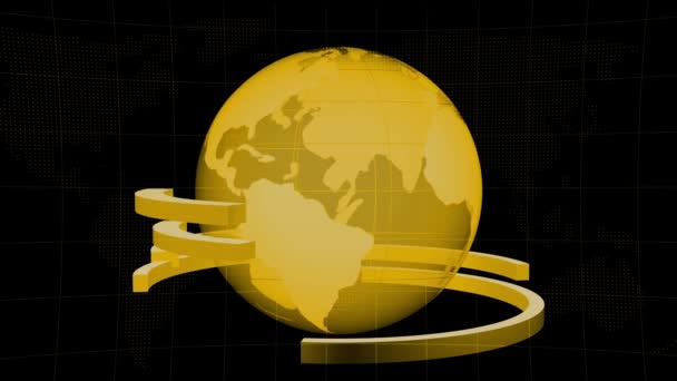Goldene Weltkugel Mit Kreisbahnen Animiert Auf Schwarzem Hintergrund — Stockvideo