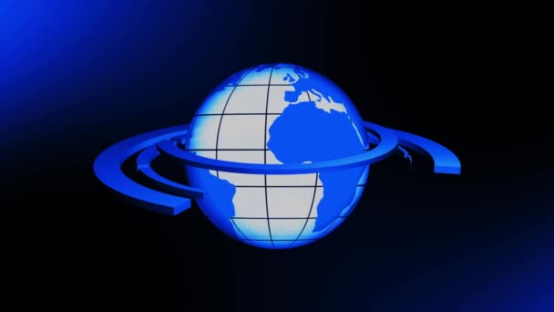 Ilustracja Stylizowanego Niebieskiego Globu Pierścieniami Orbitalnymi Animowanymi Ciemnym Tle — Wideo stockowe