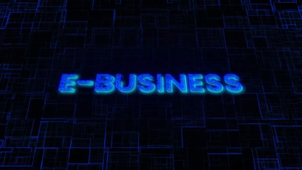 Neon Business Sign Glowing Dark Digital Grid Background — Stock Video