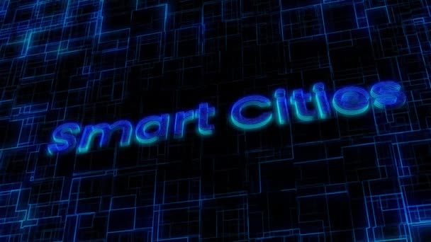 Digital Concept Art Smart Cities Neon Text Stylized Blue Grid — Stock Video