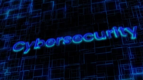 Neon Blue Cybersecurity Text Animated Digital Grid Background — Stock Video